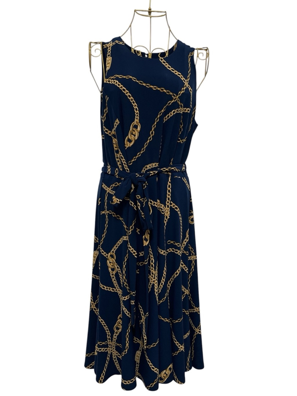 Lauren Ralph Lauren Navy Blue Midi Dress Gold Chain Print Jersey Knit Size 6